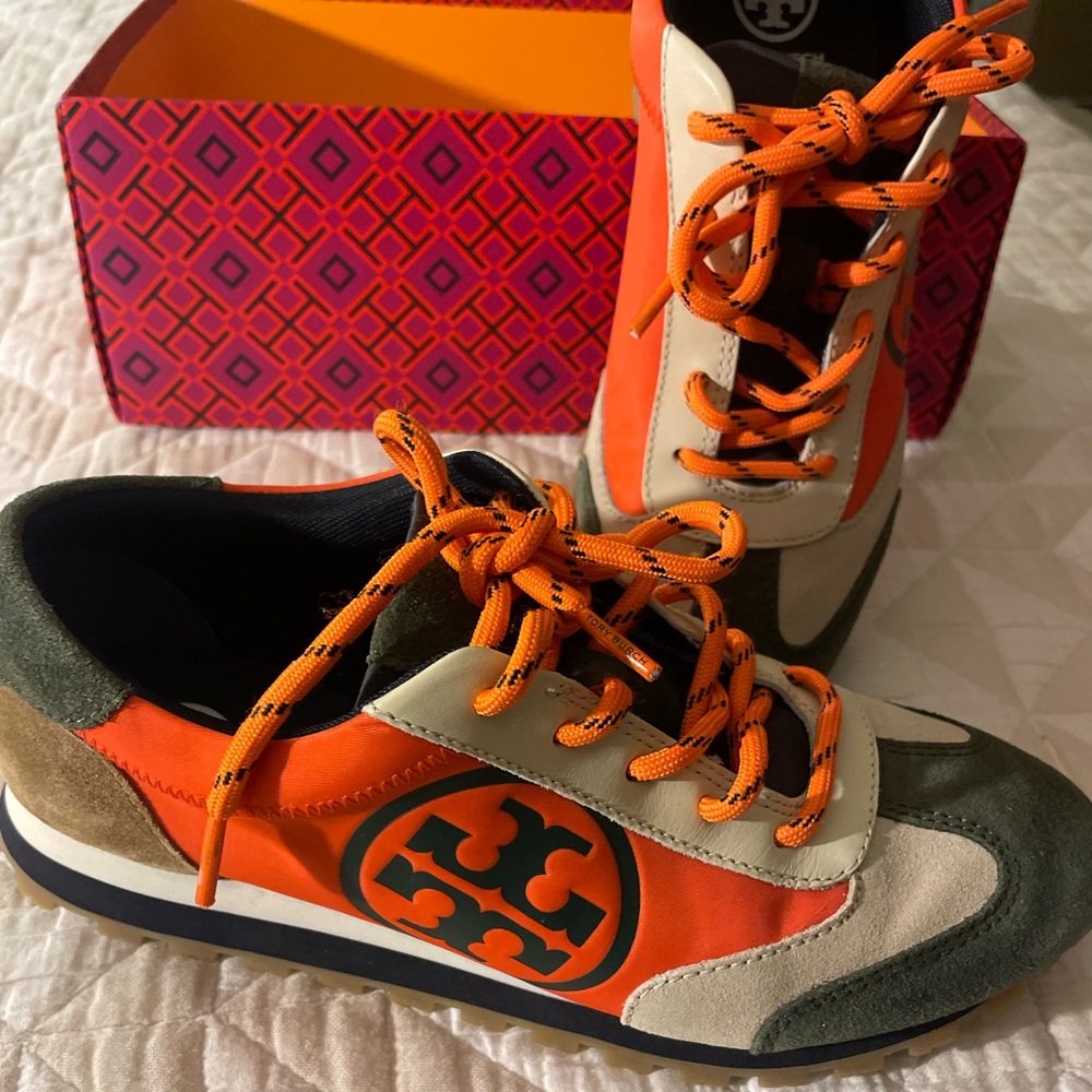 Tory Burch Annie Nylon Runner Shoes 7 Green, Orange, cream - nylon and suede